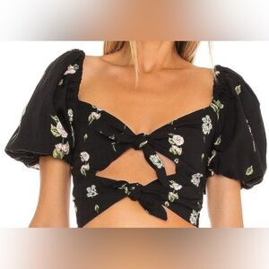 Agua Bendita Bailee Moss  Black Crop Top with Floral Design